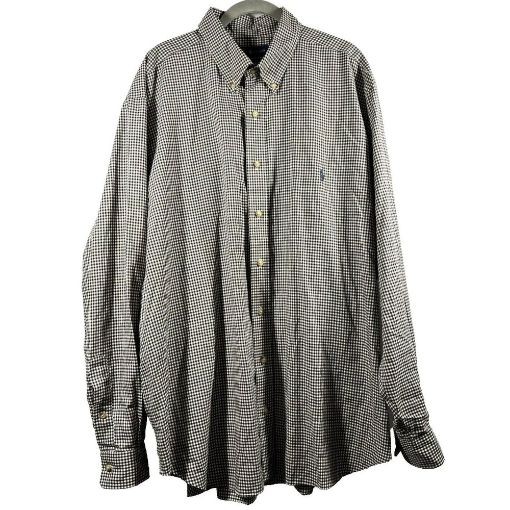 Ralph Lauren Mens Shirt 1XB Big Brown‎ White Micro Check Blue Pony Long Sleeves